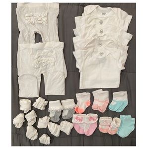 Bundle of baby girl onesies, tights, socks. All size newborn, 0-3, or 0-9 months